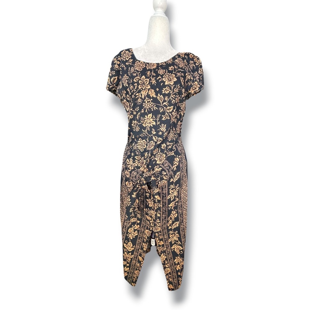 Vintage Black Tan Floral Dark Romance Boho Tie Front Maxi Dress Artsy Indie